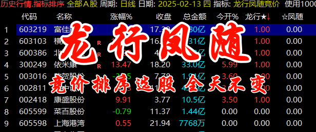 【龙行凤随竞价】排序指标，全天信号不变