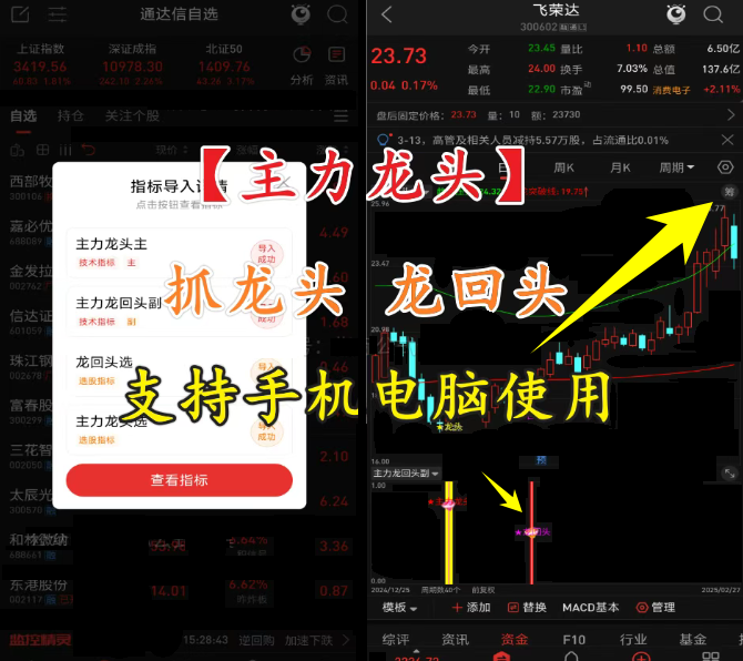 【主力龙头】主副图选股捕捉龙头以及龙回头信号，无未来函数【手机电脑通用】
